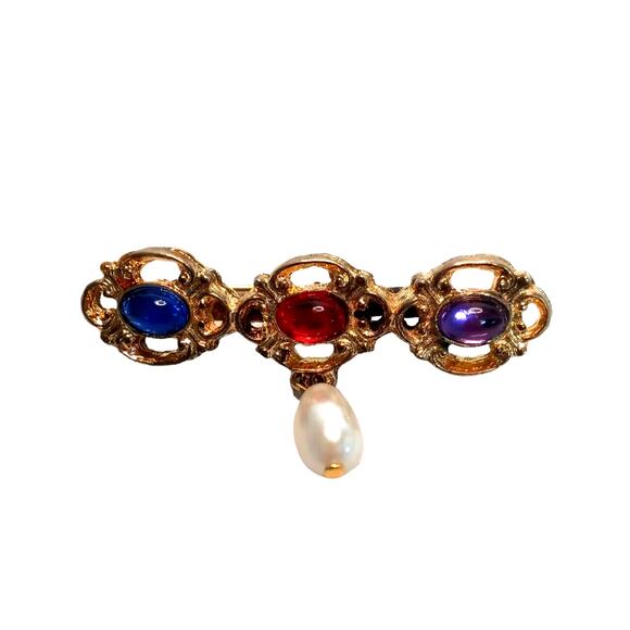 Vintage Cabochon Bar Pin Brooch Faux Pearl Drop Gold Tone VTG - Picture 1 of 16